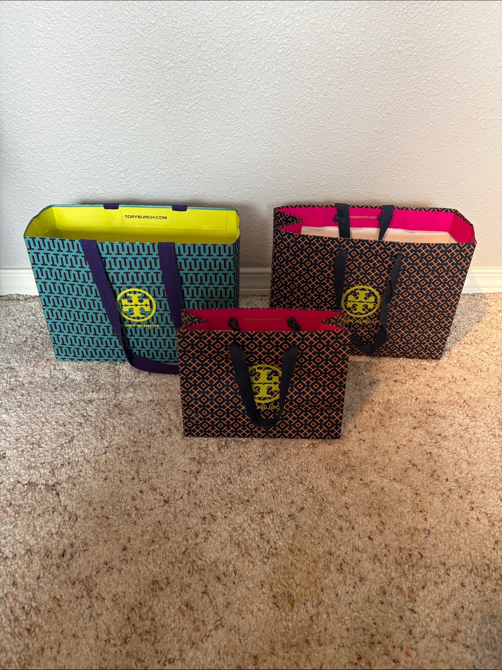 Tory Burch Patterned Tote Trio with Pink and Neon Yellow Accents
